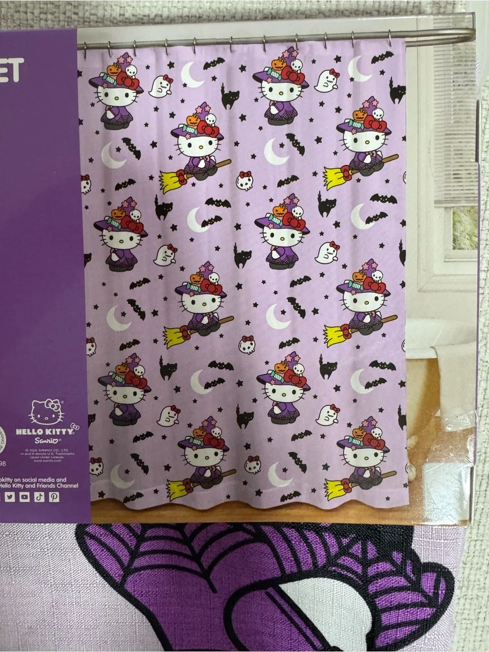 Hello Kitty Lavender Halloween Shower Curtain Set with Silver Hooks
